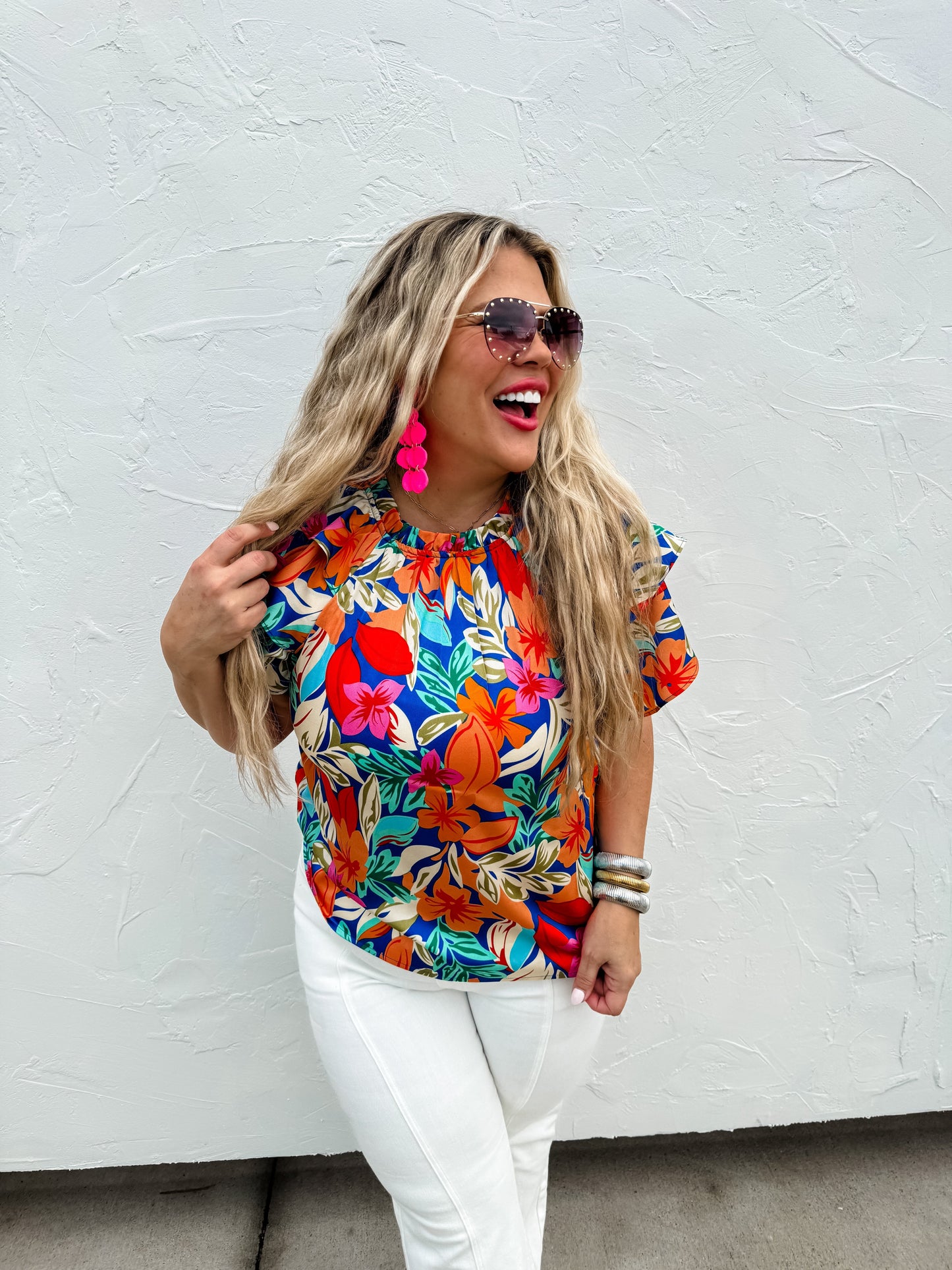 Tropical Ruffle Sleeved Top
