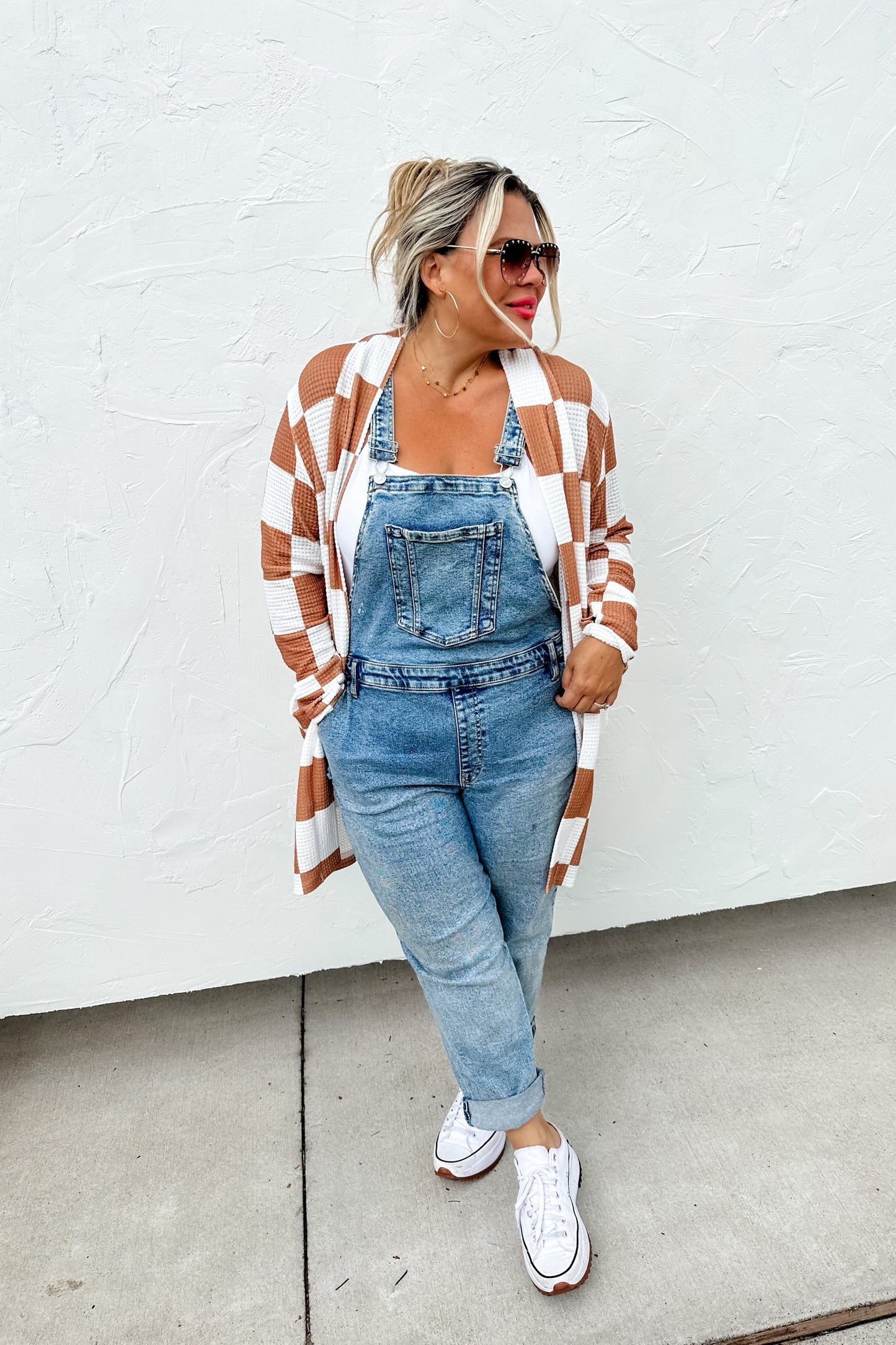 Camel checkered Print long cardi