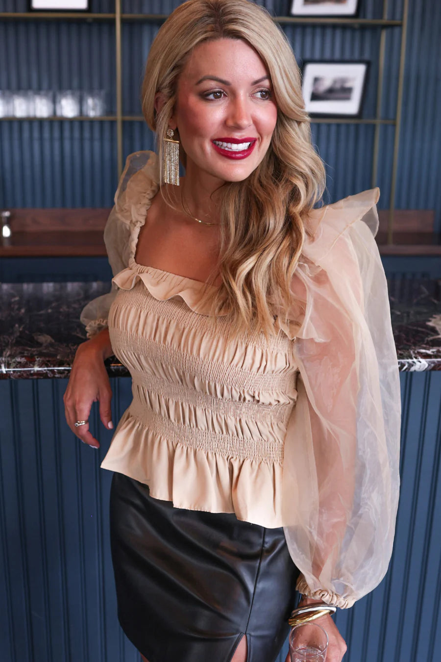 Taupe Smocked Party Top