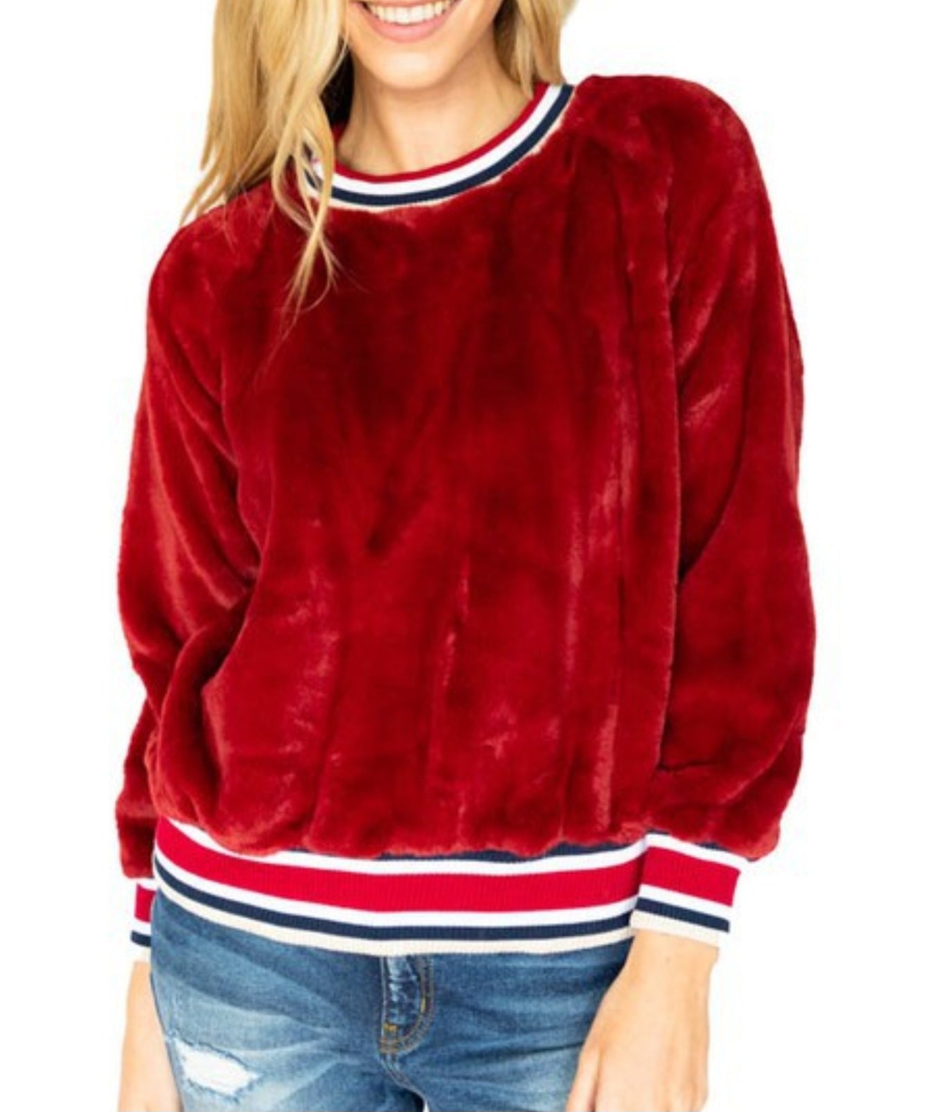 Varsity Cuff Crewneck Faux Fur Wine