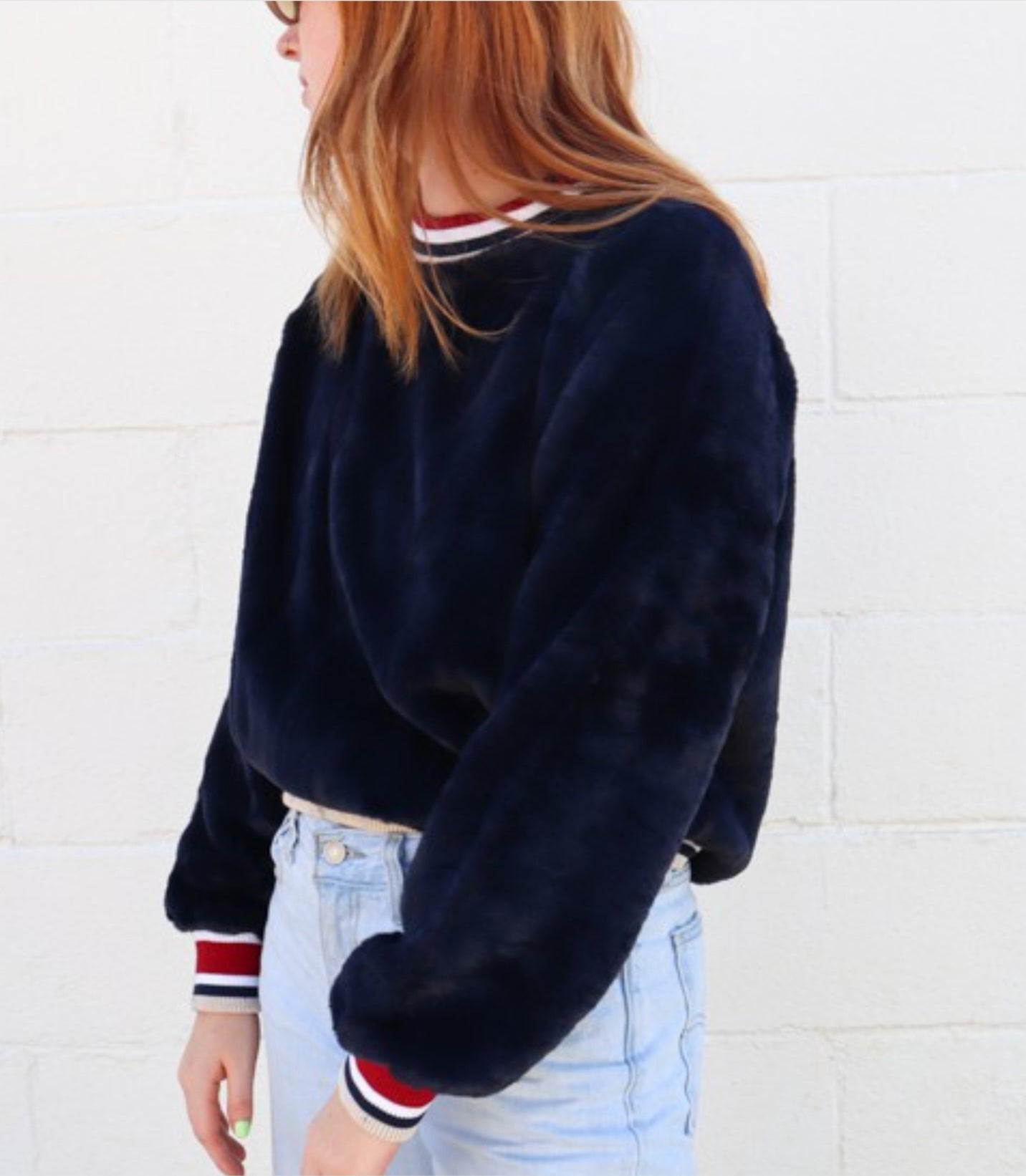 Varsity Cuff Faux Fur Midnight Blue Top