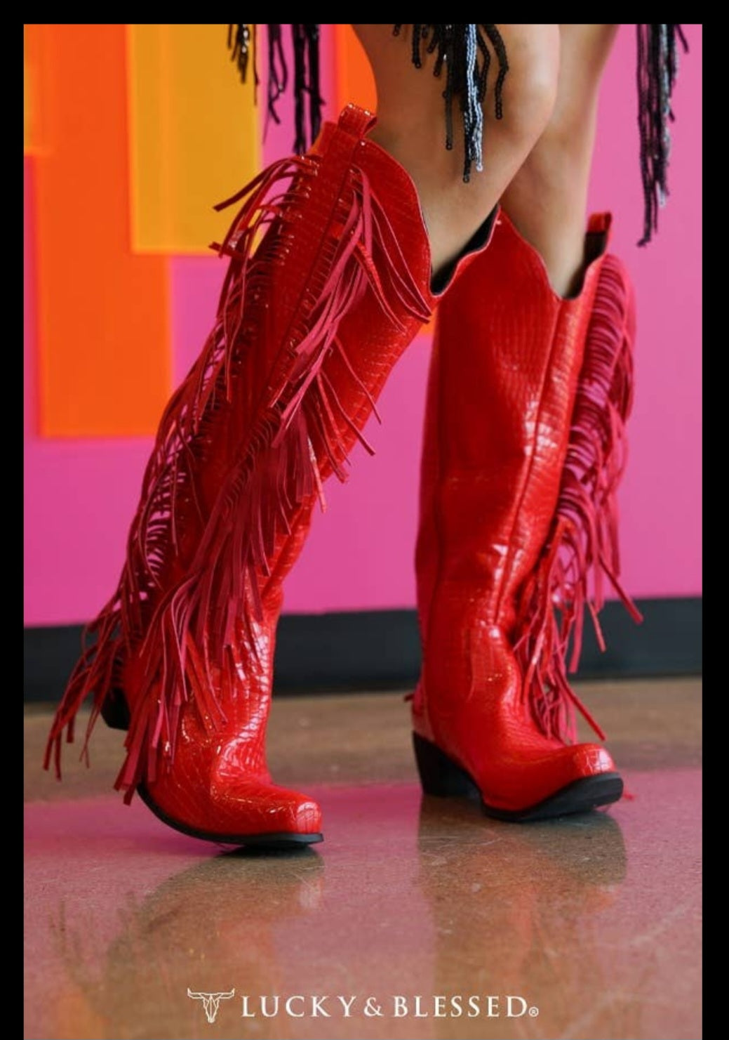 Frayed Out Bold Boot in Red Crocodile