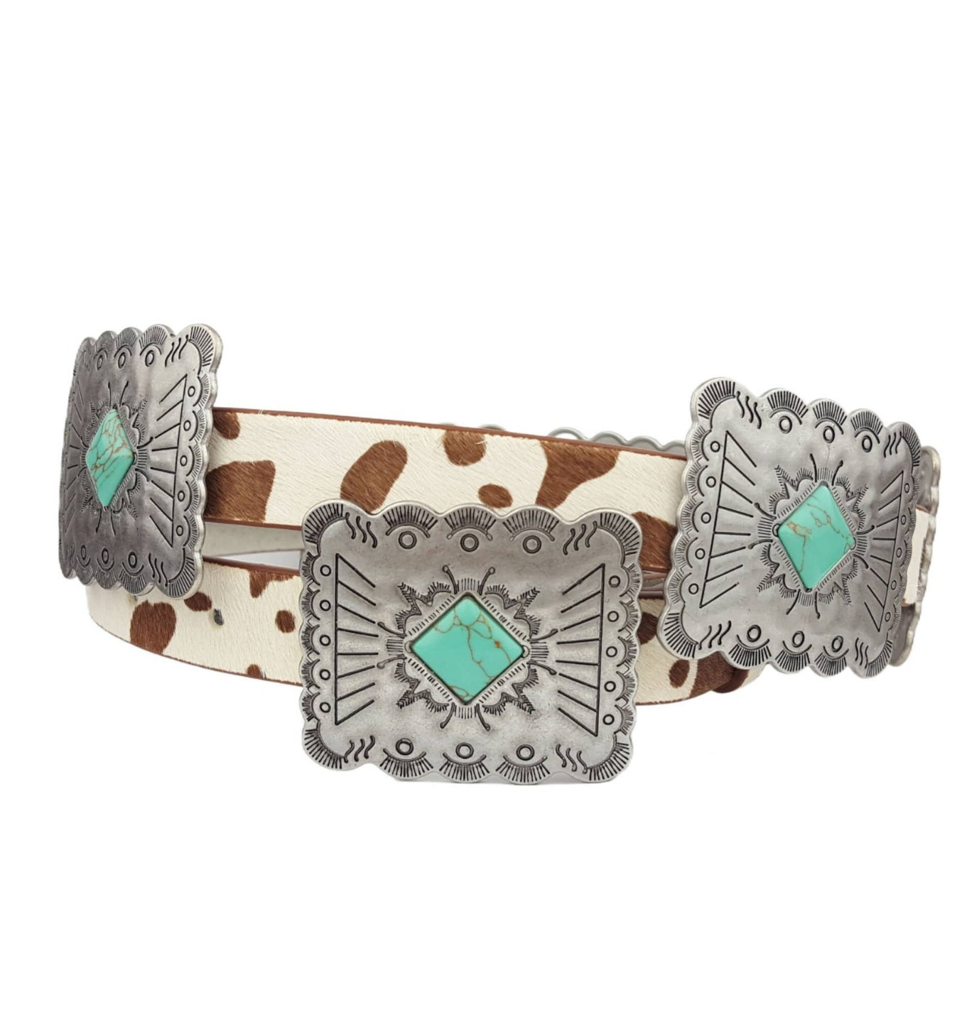 Brown Western Genuine Cow Hair Leather Belt With Conchos