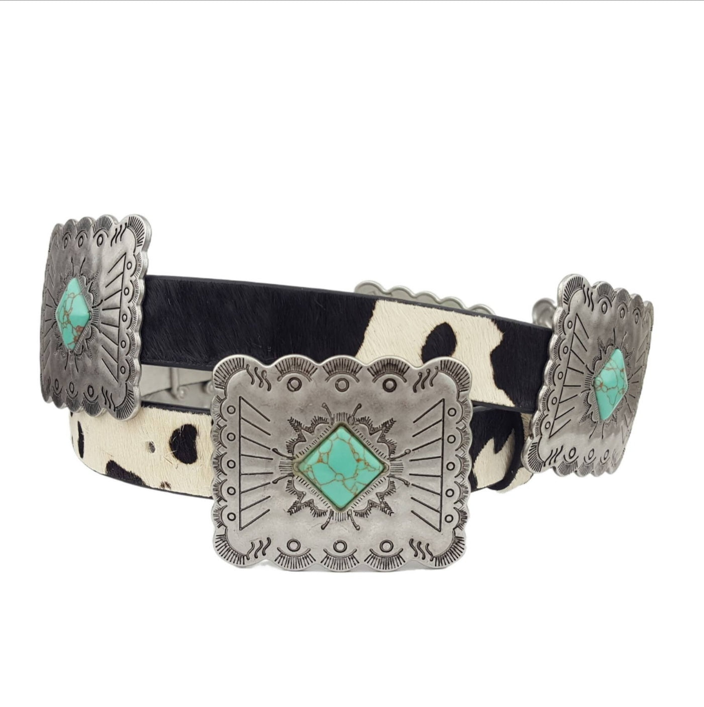 Black Western Cow Hair Leather Belt With Conchos