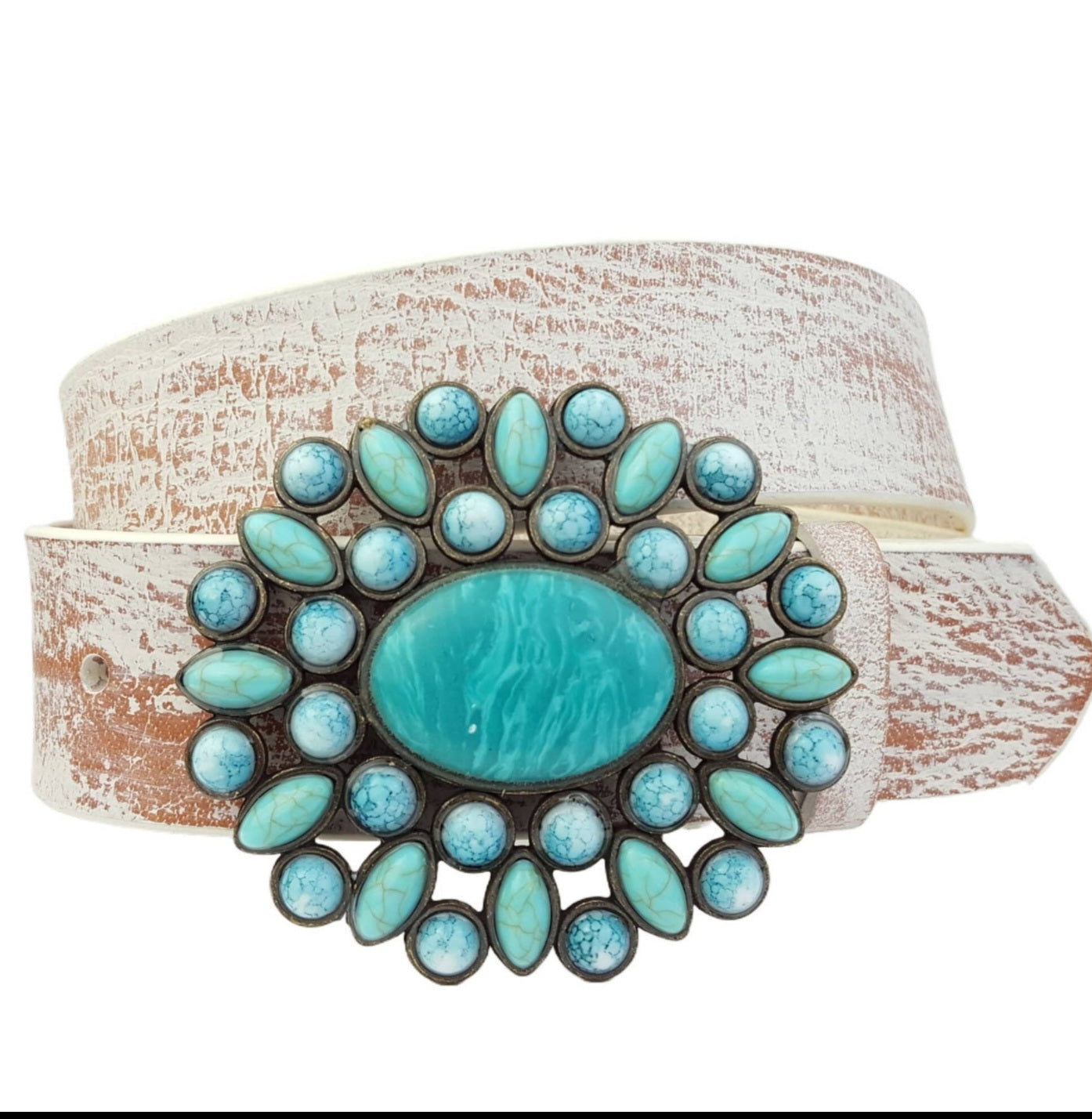 Genuine Leather Belt With Turquoise Floral Buckle White