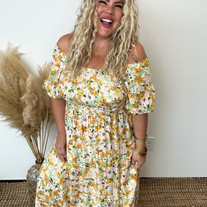 Yellow Floral off the Shoulder Dress
