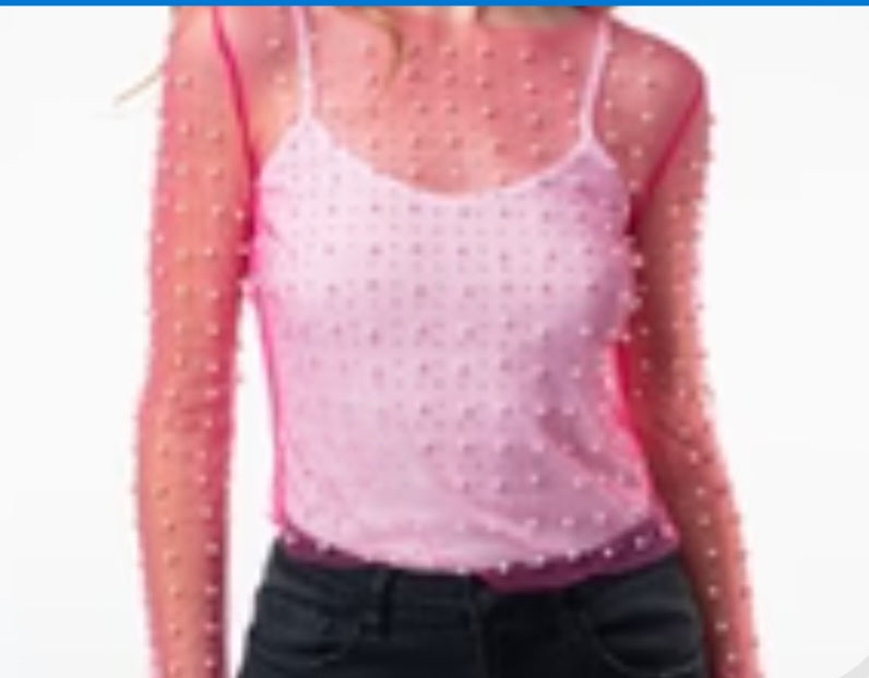 Hot Pink Pearl and Rhinestone Mesh Shirt