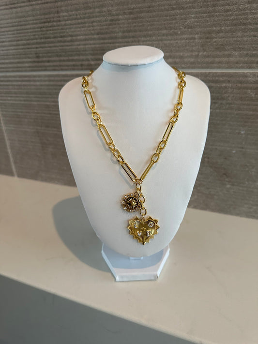 Heart and Sun Pendent  Necklace Gold Overlay