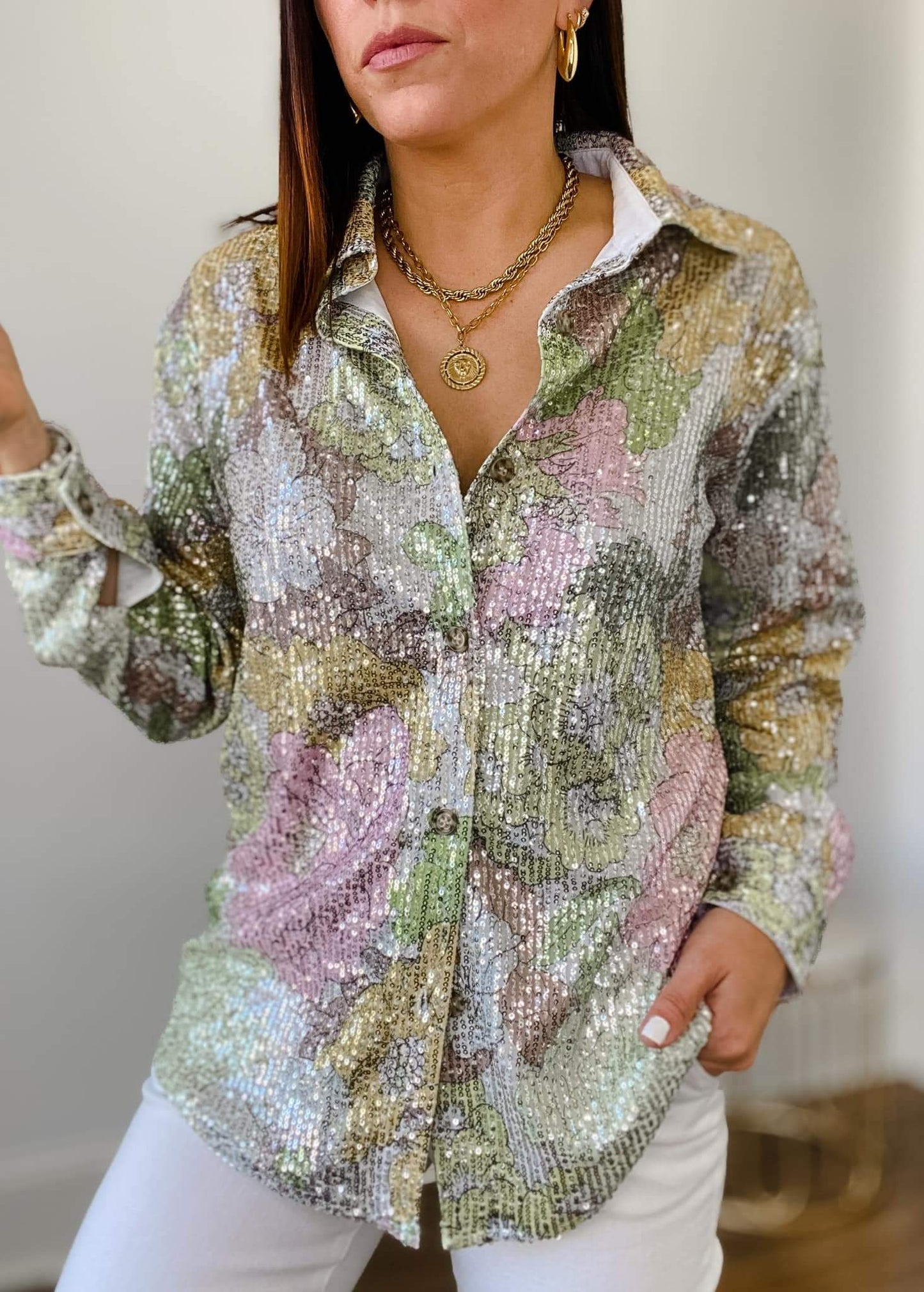 Floral Sequence Button Up