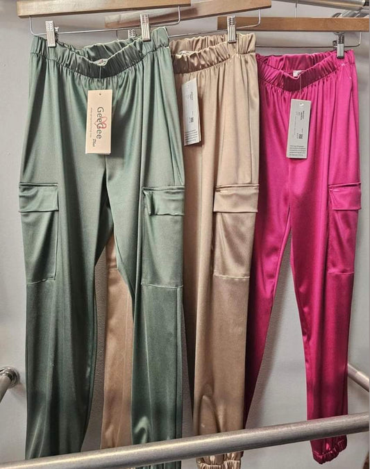 Sage Satin Cargo Jogger Pants