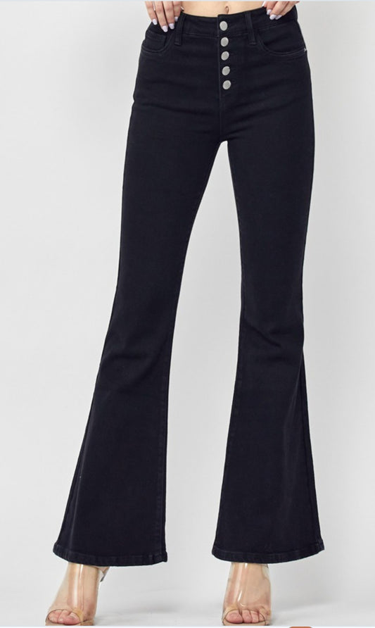 Black Risen High Rise Button Fly Flare Jean