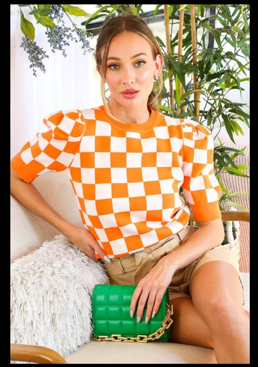 Orange Checkered Puffy Sleeved Top