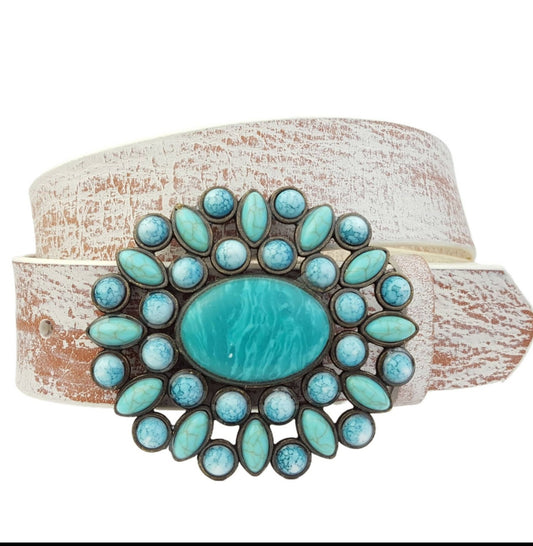 Genuine Leather Belt With Turquoise Floral Buckle White