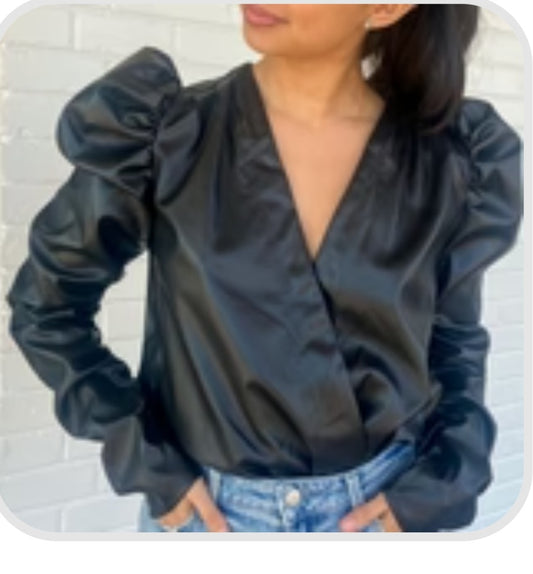 Black Leatherish Puff Sleeved Bodysuit